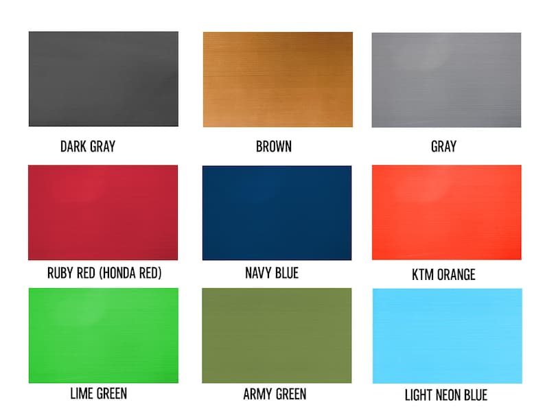 May include: A color palette featuring nine rectangular swatches. The colors include dark gray, brown, gray, ruby red, navy blue, KTM orange, lime green, army green, and light neon blue. Each color is labeled with its name.