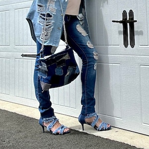 Denim Upcycled Patchwork Jean Handbag - Chain Shoulder Strap