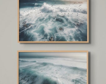 2 High Resolution Aerial Photograph Ocean Shore Coastal Oceanscape  Birds Waves  Digital Art Photography Download Print Printable Poster