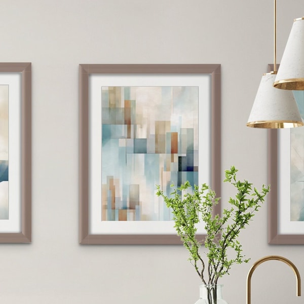 Contemporary Abstract Modern Painting, Muted Pale Blue Color, Digital Art, Printable Poster, Set of Three , Series of 3