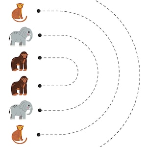 May include: A black and white worksheet with the words "Tracing Lines" at the top. The worksheet has a series of dotted lines that form arcs. There are images of animals, including a hippopotamus, monkey, elephant, and gorilla, next to each dotted line.