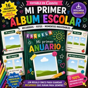 May include: A vibrant school yearbook template with the text "MI PRIMER ALBUM ESCOLAR" and "MI PRIMER ANUARIO". The design includes pages for photos, memories, and school-related elements. The template is customizable and ideal for preschool and primary school.