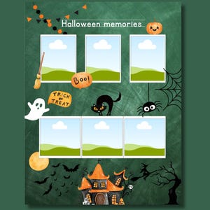 Editable Halloween Memories page from a My First Yearbook Canva template featuring five customizable photo frames surrounded by Halloween-themed illustrations including pumpkins, ghosts, spiders, bats, a haunted house, and spider webs. Perfect for preschool, kindergarten, and Grade 1 memory books.