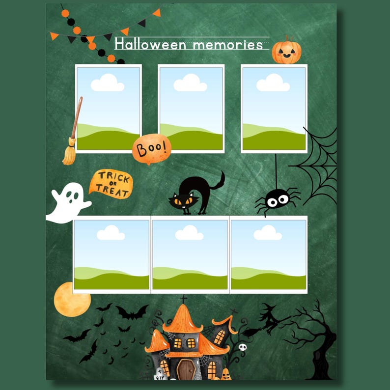 Editable Halloween Memories page from a My First Yearbook Canva template featuring five customizable photo frames surrounded by Halloween-themed illustrations including pumpkins, ghosts, spiders, bats, a haunted house, and spider webs. Perfect for preschool, kindergarten, and Grade 1 memory books.
