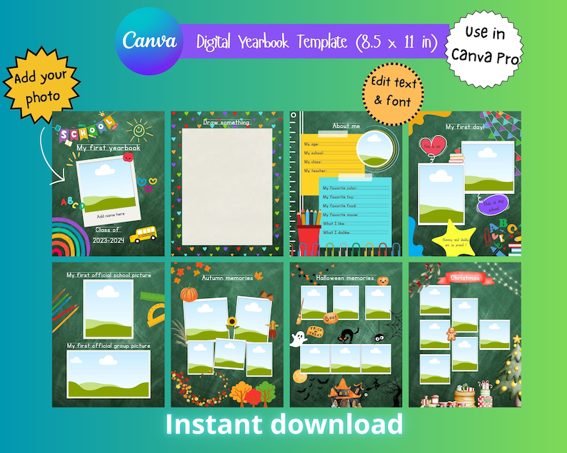 Preview of an editable Canva school memory book template featuring a chalkboard design. The image showcases included pages such as "My First Yearbook," "About Me," "My First Day," seasonal memory pages, and photo layouts. The template is an instant digital download for preschool, kindergarten, and Grade 1.