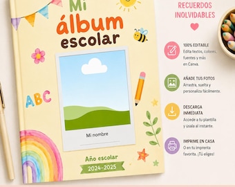 Álbum Escolar Editable en Canva | Anuario Escolar Preescolar y Primaria | Libro de Recuerdos Digital