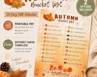 Autumn Bucket List Printable, Editable Canva Template, Fall Family Activities