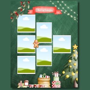 Editable Christmas Memories page from a My First Yearbook Canva template featuring five customizable photo frames surrounded by festive Christmas decorations including a Christmas tree, gifts, ornaments, string lights, and holiday accents. Perfect for preschool, kindergarten, and Grade 1 memory books.