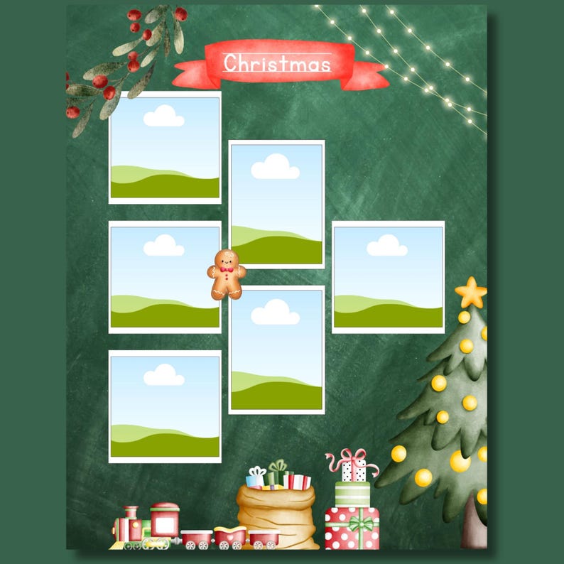 Editable Christmas Memories page from a My First Yearbook Canva template featuring five customizable photo frames surrounded by festive Christmas decorations including a Christmas tree, gifts, ornaments, string lights, and holiday accents. Perfect for preschool, kindergarten, and Grade 1 memory books.