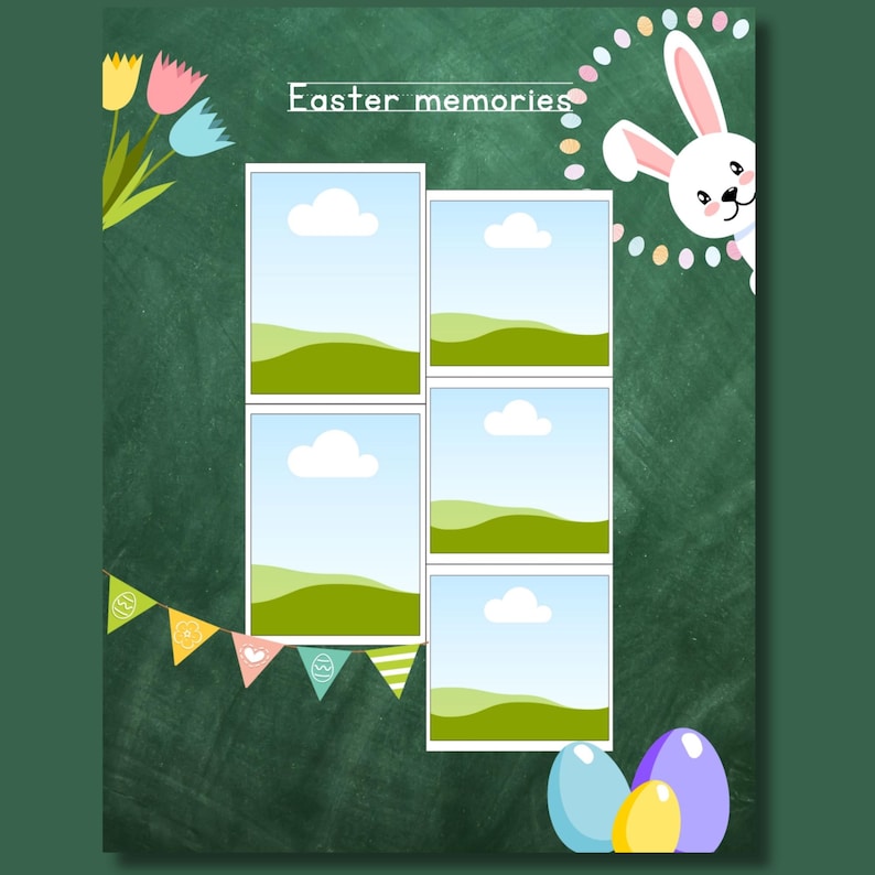 Editable Easter Memories page from a My First Yearbook Canva template featuring six customizable photo frames surrounded by Easter-themed decorations including colorful eggs, a bunny, spring flowers, and festive bunting. Perfect for preschool, kindergarten, and Grade 1 memory books.