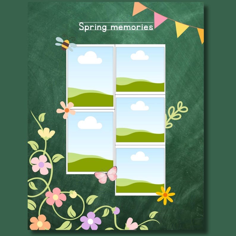 Editable Spring Memories page from a My First Yearbook Canva template featuring six customizable photo frames surrounded by blooming flowers, butterflies, greenery, and colorful spring decorations. Perfect for preschool, kindergarten, and Grade 1 memory books.