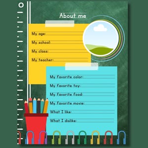 Inside page of an editable My First Yearbook Canva template featuring an "About Me" worksheet with prompts for age, school, grade, teacher, favorite color, favorite toy, favorite food, favorite movie, and a large space for a child's photo or drawing. School-themed design with pencils, ruler, and notebook elements.