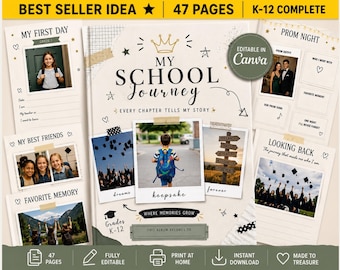 Plantilla de Canva para álbum de recuerdos escolares, descarga digital para K-12, álbum imprimible, desde jardín de infantes hasta graduación.