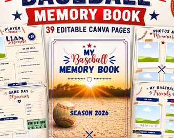 Baseball memory book template, Canva editable, digital download, 39 pages