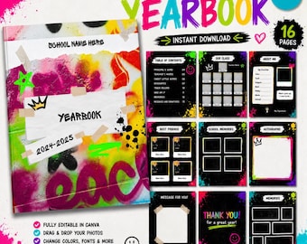 Plantilla para anuario de primaria / Libro de recuerdos editable en Canva para K-5 / Descarga digital