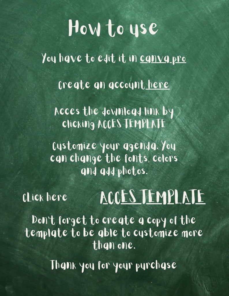 A "How to Use" instruction page for an editable Canva school memory book template. The page explains how to access the template, create a free Canva account, edit text, colors, and photos, download the finished design, and includes an access template button.