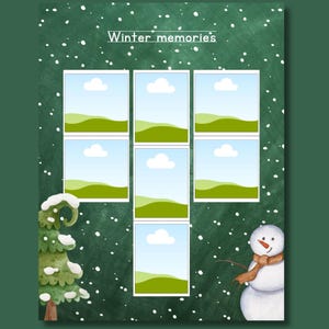 Editable Winter Memories page from a My First Yearbook Canva template featuring six customizable photo frames surrounded by snowy winter illustrations, including a snowman, snow-covered tree, and falling snow. Perfect for preschool, kindergarten, and Grade 1 memory books.