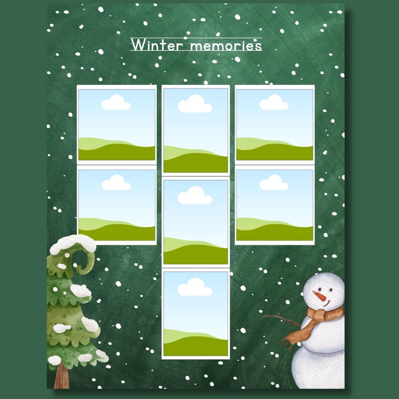 Editable Winter Memories page from a My First Yearbook Canva template featuring six customizable photo frames surrounded by snowy winter illustrations, including a snowman, snow-covered tree, and falling snow. Perfect for preschool, kindergarten, and Grade 1 memory books.