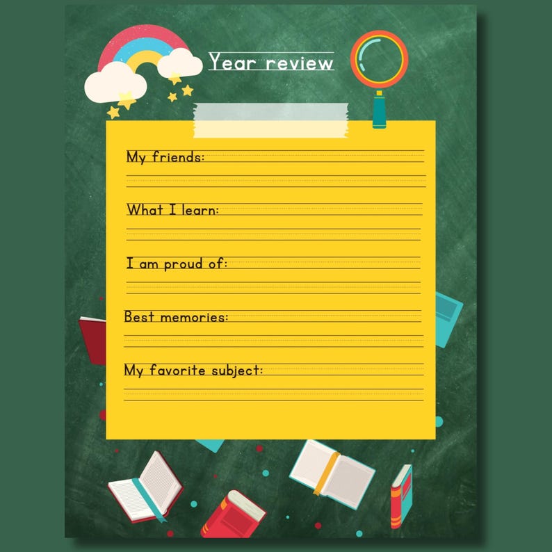 Editable Year Review page from a My First Yearbook Canva template featuring reflection prompts such as My Friends, What I Learned, I Am Proud Of, Best Memories, and My Favorite Subject. School-themed design with colorful stationery illustrations for preschool, kindergarten, and Grade 1 memory books.