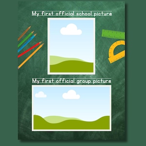 Editable "My First Day" page from a My First Yearbook Canva template featuring two customizable photo frames for first day memories, speech bubbles, and colorful school-themed decorations including alphabet letters, books, and classroom graphics. Perfect for preschool, kindergarten, and Grade 1 memory books.