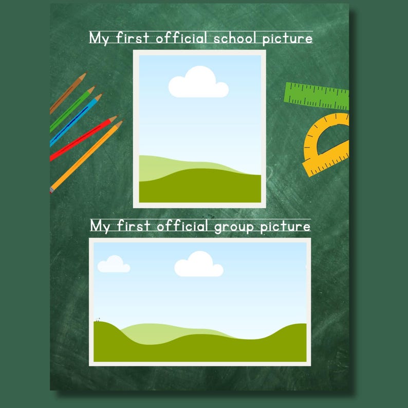 Editable "My First Day" page from a My First Yearbook Canva template featuring two customizable photo frames for first day memories, speech bubbles, and colorful school-themed decorations including alphabet letters, books, and classroom graphics. Perfect for preschool, kindergarten, and Grade 1 memory books.