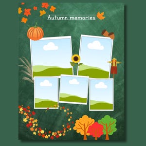 Editable Autumn Memories page from a My First Yearbook Canva template featuring five customizable photo frames surrounded by fall-themed illustrations including pumpkins, colorful leaves, trees, and seasonal decorations. Perfect for preschool, kindergarten, and Grade 1 memory books.