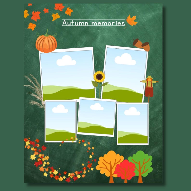 Editable Autumn Memories page from a My First Yearbook Canva template featuring five customizable photo frames surrounded by fall-themed illustrations including pumpkins, colorful leaves, trees, and seasonal decorations. Perfect for preschool, kindergarten, and Grade 1 memory books.