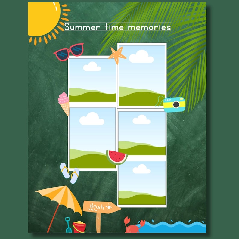 ditable Summer Time Memories page from a My First Yearbook Canva template featuring six customizable photo frames surrounded by fun summer-themed illustrations, including sunshine, sunglasses, palm leaves, a beach umbrella, watermelon, and beach accessories. Perfect for preschool, kindergarten, and Grade 1 memory books.