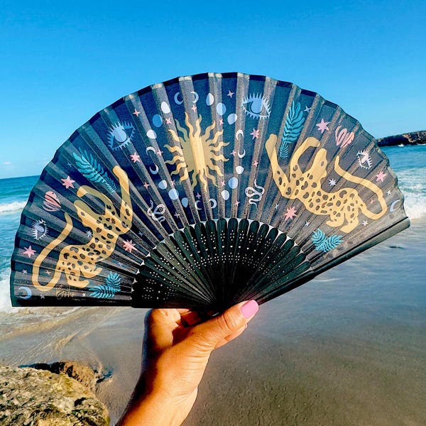 Black Hand Fan: Tulum Boho Jaguar Evil Eye Design