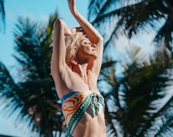 Boho Silk Scarf: Sun & Palm Trees Scarf, El Sol (68x68cm)
