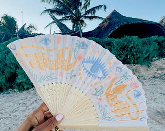 Beige Folding Hand Fan: Boho Evil Eye Jaguar Design