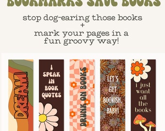 Printable Bookmarks Retro Groovy PDF, 70s Colorful Bookmark, Digital Download, Book Lover Bookmark