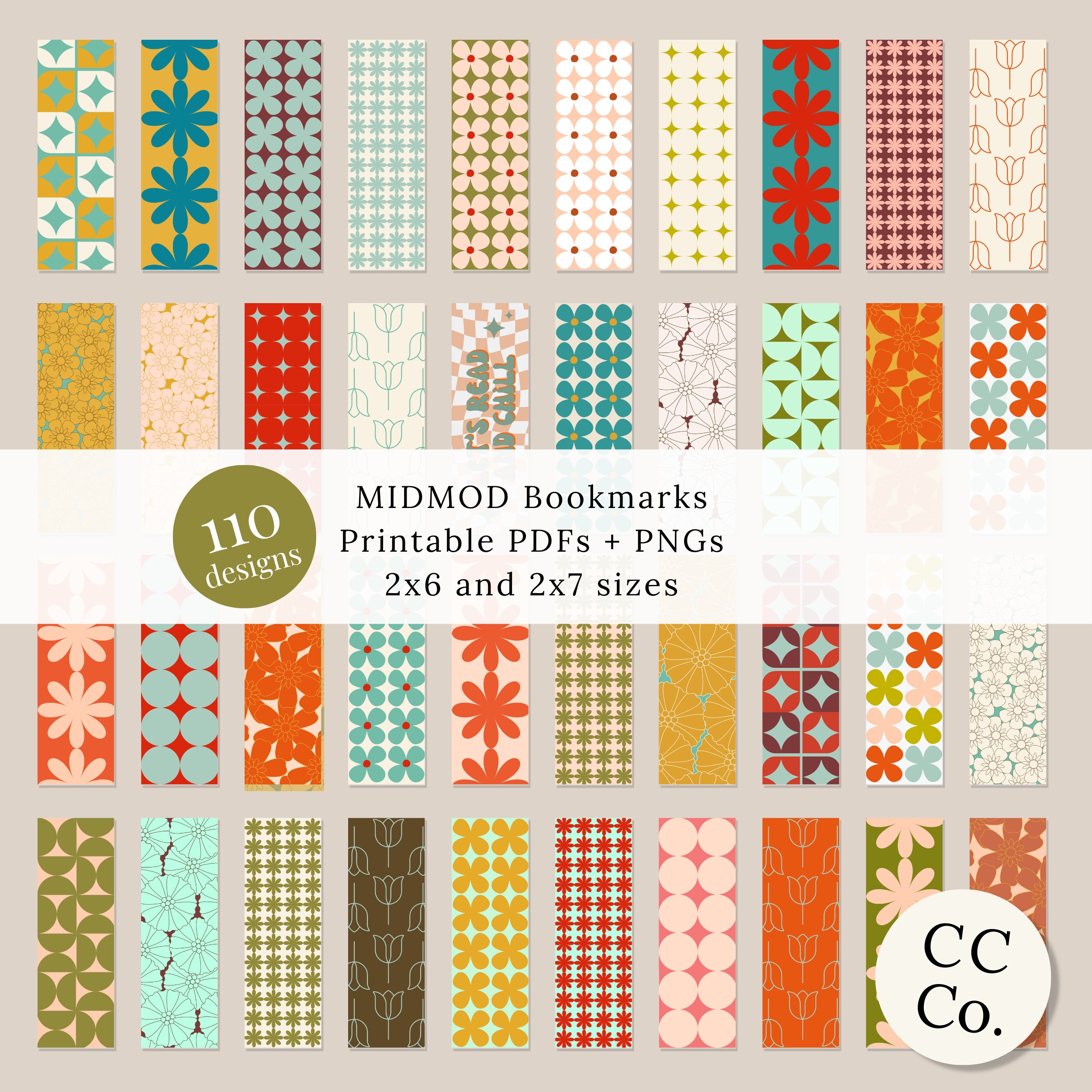Mid Century Modern Bookmarks, Retro Floral Printables (digital Download ...