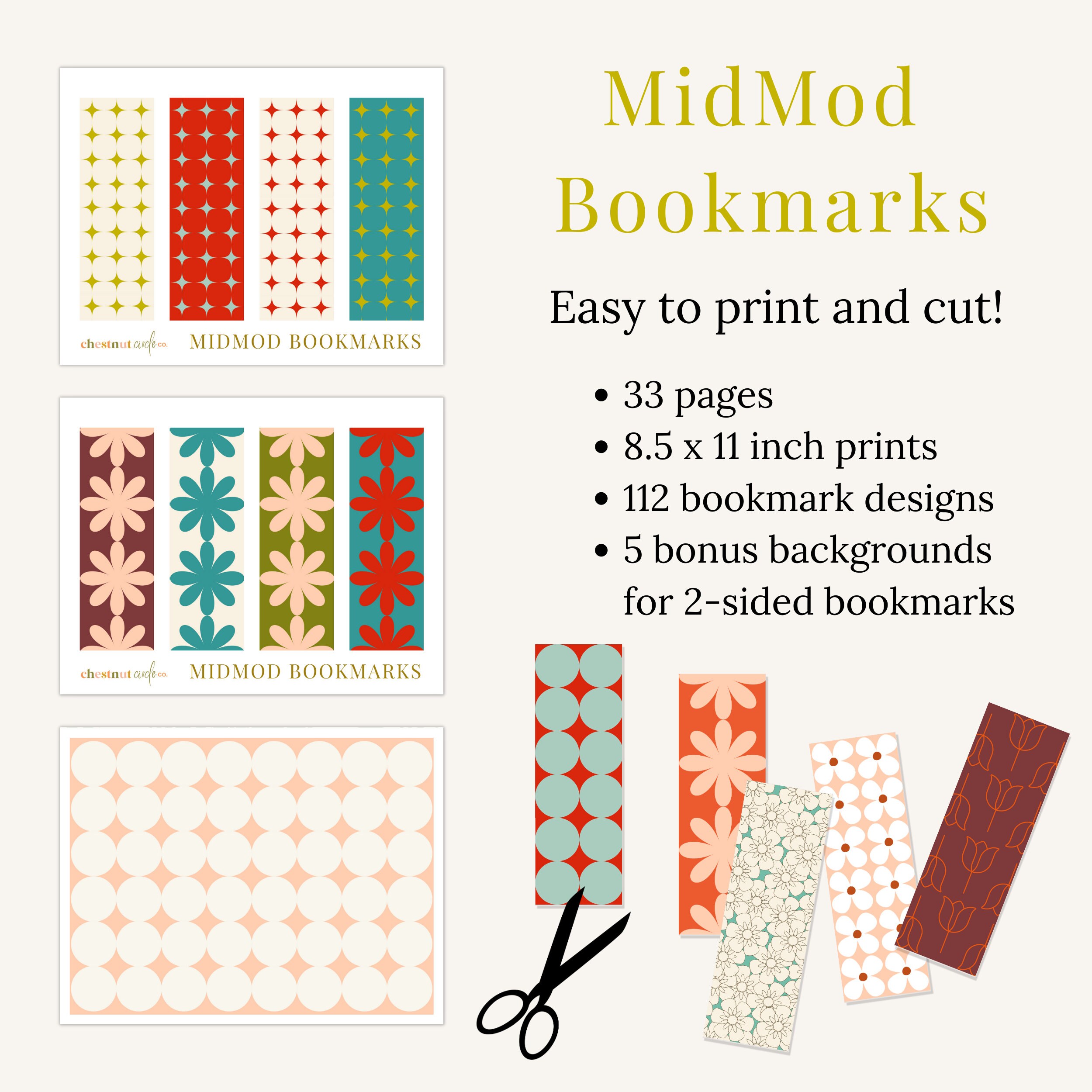 Mid Century Modern Bookmarks, Retro Floral Printables (digital Download ...