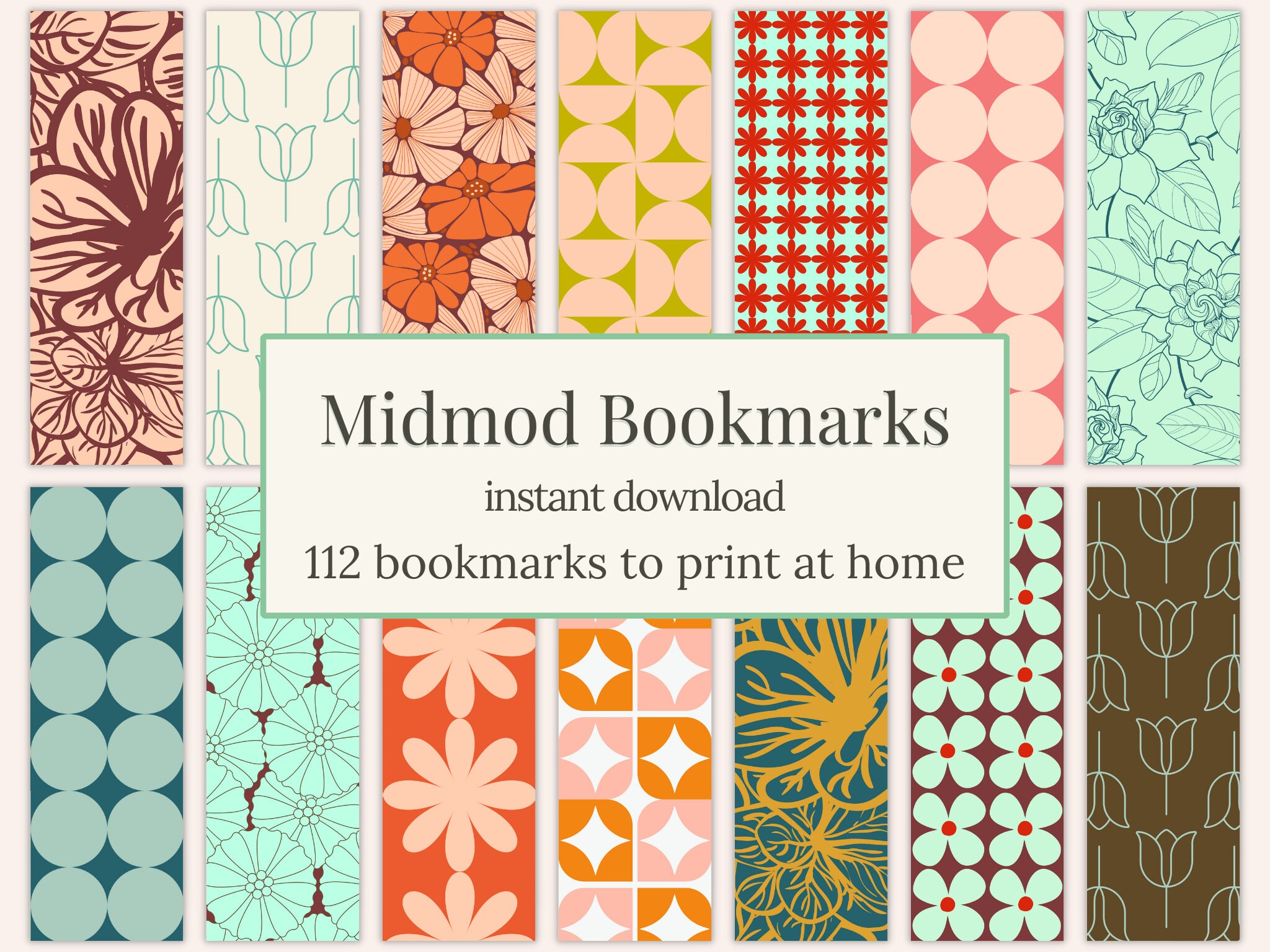 Mid Century Modern Bookmarks, Retro Floral Printables (digital Download ...