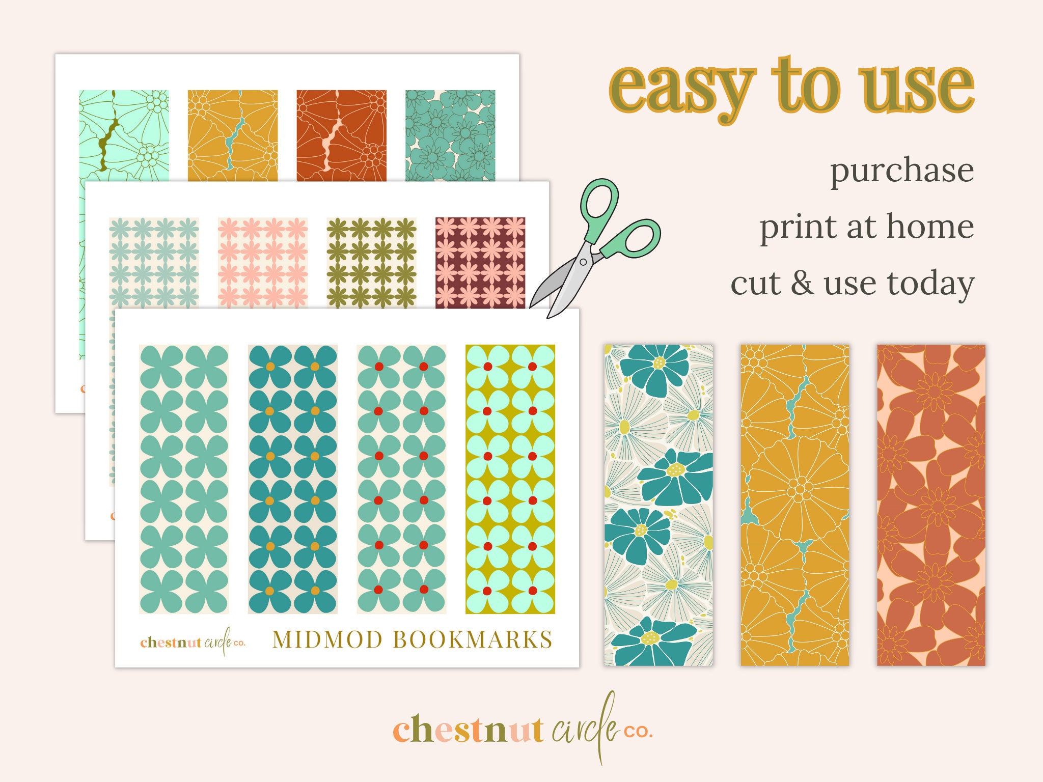 Mid Century Modern Bookmarks, Retro Floral Printables (digital Download ...
