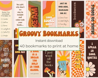 Groovy Retro Printable Bookmark PDF Download, Book Nerd Gift, DIY Bookmarks, Sublimation PNGs, BONUS Wallpapers for Readers, Book Lovers