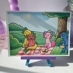 Strobbo's picnic postcard, fruit axolotl art print, cute spring axolotl postcard, Perfect for postcard collectors!