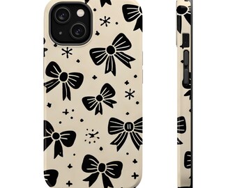 Dainty Phone Case with Bows, perfect for romance book readers. Mag Safe Cover, Cream and Black Color Pattern