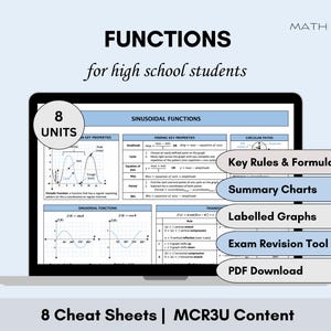 Functions Cheat Sheets Bundle | MCR3U Grade 11 Study Aid | High School Math Formulas, Graphs, and Summary Notes | Exam Prep Quick Reference