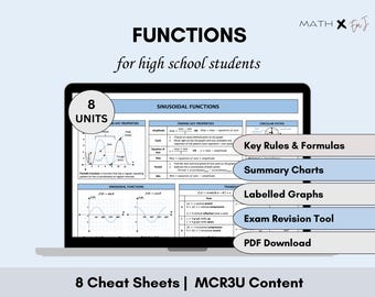 Functions Cheat Sheets Bundle | MCR3U Grade 11 Study Aid | High School Math Formulas, Graphs, and Summary Notes | Exam Prep Quick Reference