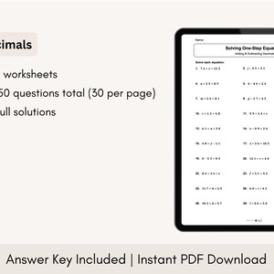 May include: A black and white worksheet with the title "Solving One-Step Equations" and the text "Adding & Subtracting Decimals". The worksheet contains 30 math problems with decimals.