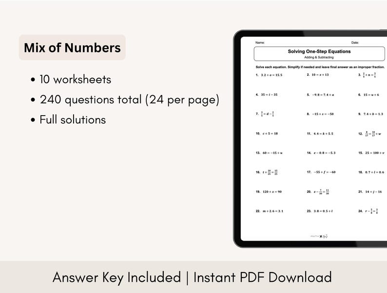 May include: A printable worksheet for solving one-step equations. The worksheet includes 10 worksheets with 240 questions total, 24 questions per page. The worksheet also includes full solutions. The text "Solving One-Step Equations" is at the top of the worksheet.
