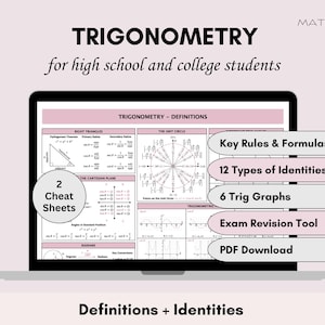 Trigonometry Cheat Sheet | Math Formula Quick Reference | High School & College Math Study Aid | Triangles, Angles, Trig Identities