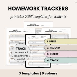 Rastreadores de tareas imprimibles / Planificador de estudiantes Lista de verificación de tareas / Organización del estudio Registro de tareas del estudiante