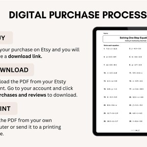 May include: A digital purchase process infographic with three steps: Buy, Download, and Print. The infographic explains how to purchase a digital product on Etsy and download and print the PDF file. The image also shows a worksheet with the title "Solving One-Step Equations".