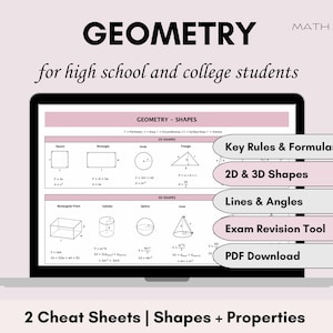 Geometry Cheat Sheet | 2D/3D Shapes, Angles & Analytical Geometry | Math Formula Reference Study Aid | Perimeter, Area, Surface Area, Volume