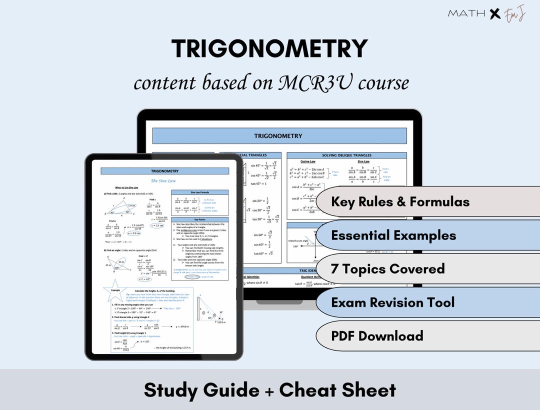 Trigonometry Study Guide & Cheat Sheet | MCR3U Function Study Aid ...