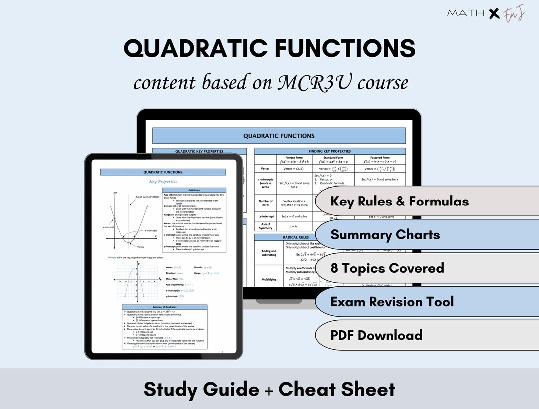 Quadratic Functions Study Guide & Cheat Sheet | MCR3U Functions Study ...