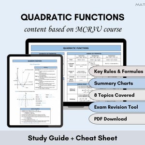 Quadratic Functions Study Guide & Cheat Sheet | MCR3U Functions Study Aid | Key Properties, Inverse, Solving Quadratics | High School Math